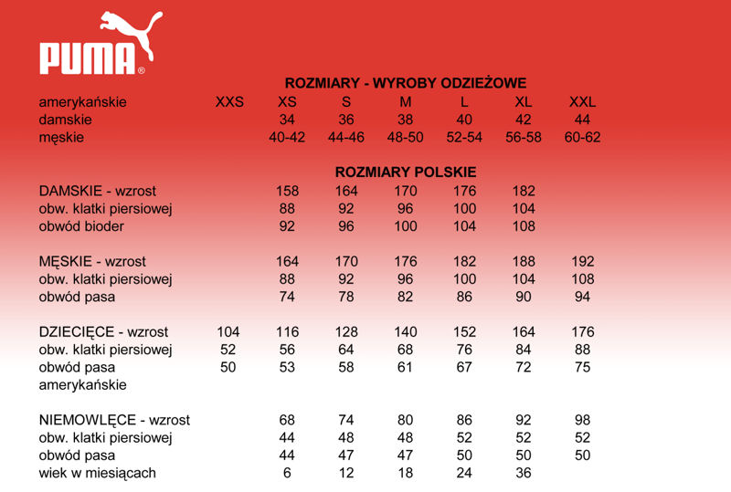 Tabela rozmiarów puma