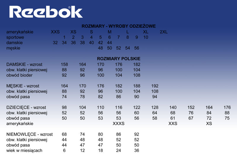 Tabela rozmiarów reebok